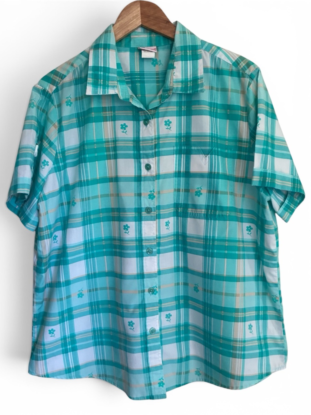 American Sweetheart Vintage Style Grannycore Teal Plaid Short-Sleeve Shirt Sz XL